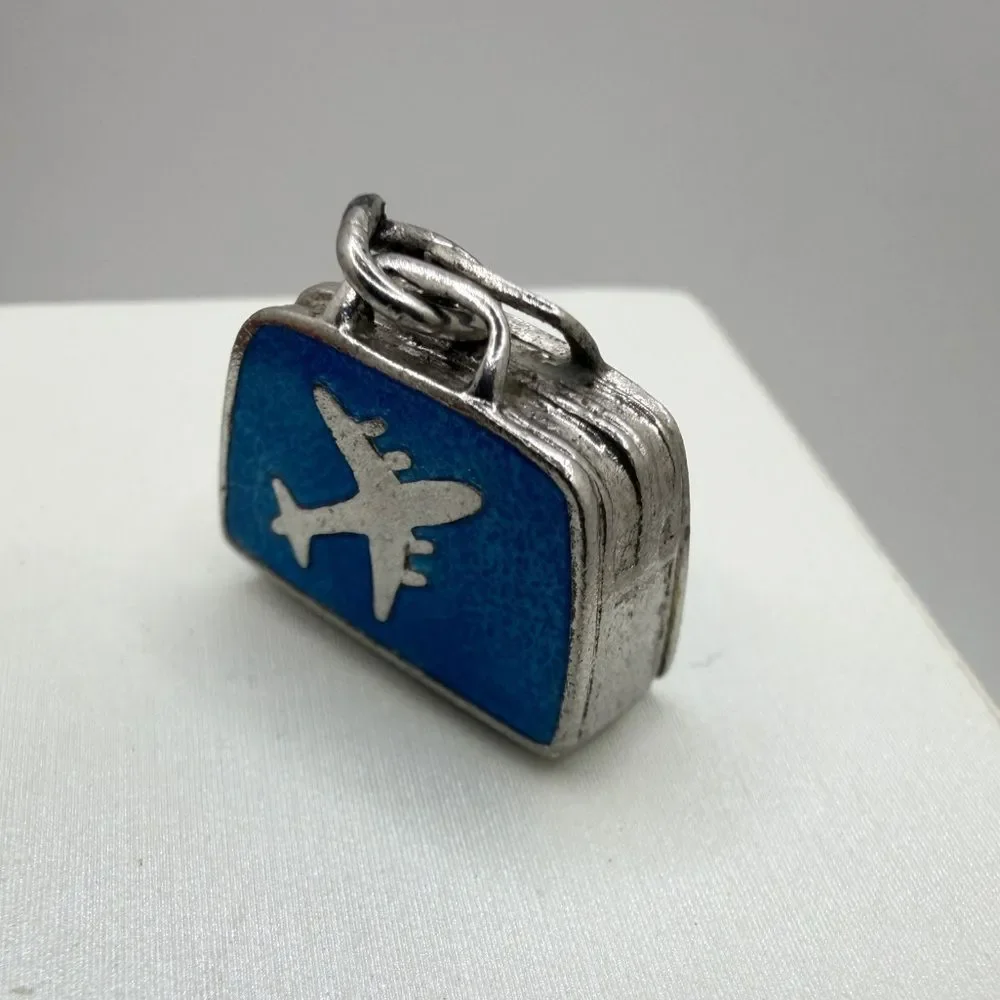 Vintage Sterling Silver and Blue Enamel, airplane‎ suitcase charm/pendant